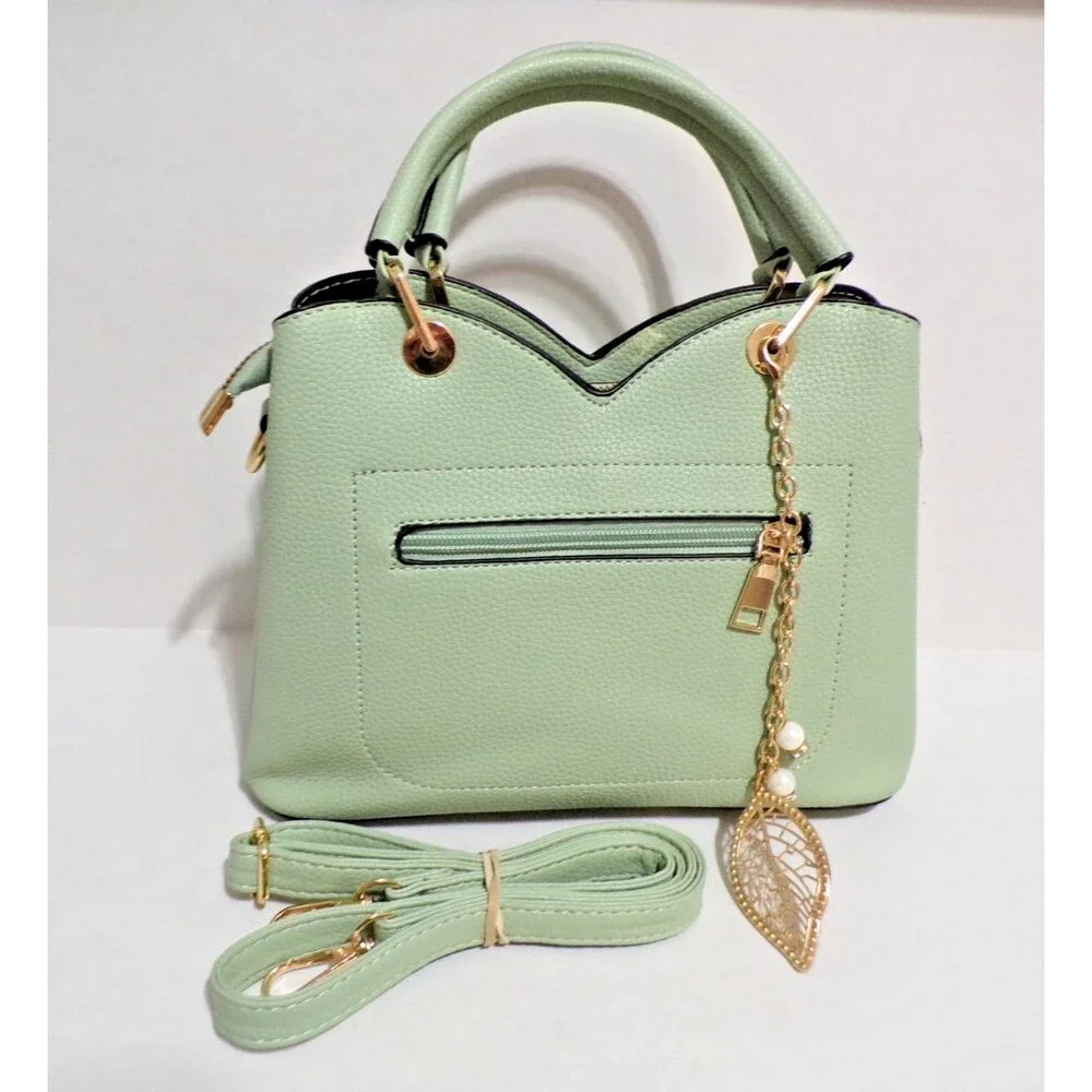 Porrasso Lt Grn Satchel Gold Accents Zippers & Magnets Adjustable Strap Handles